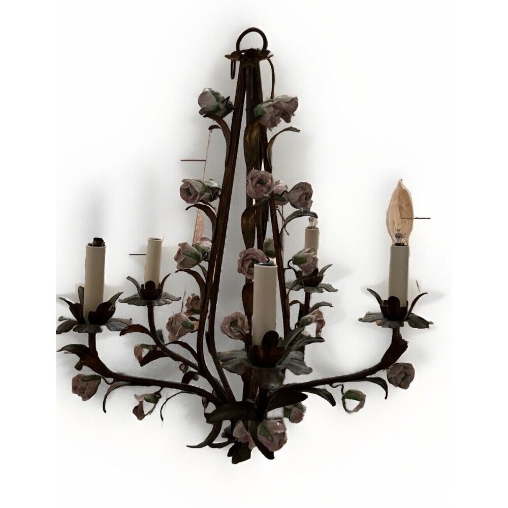 Vintage Italian Tole Pink Porcelain Roses Chandelier Ceiling Fixture-Beautiful